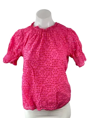 J,Crew Women's Pink Embroidered Eyelet Short Puff Sleeve Mock Neck Blouse Top S thumbnail 1