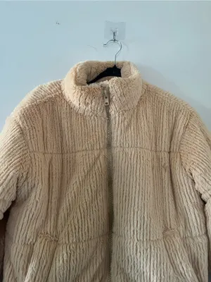 Forever 21 Cream Yellow Teddy Plush Zip Up Jacket Medium Cozy Winter Neutral thumbnail 2