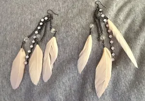 Boho Feather Dangle Earrings — Blush Pink Feathers & Rhinestones thumbnail 1