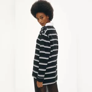 NWT Maeve Anthropologie‎ It Girl Polo Top Black White Stripe Long Sleeve Top thumbnail 3