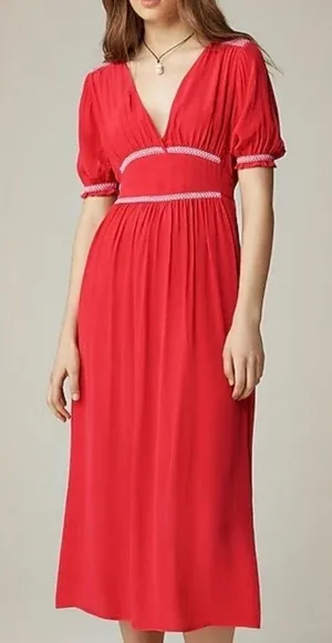 J. Crew Smocked-Trim Short Sleeve Midi Slip Dress in Crepe De Chine Red 6 thumbnail 1
