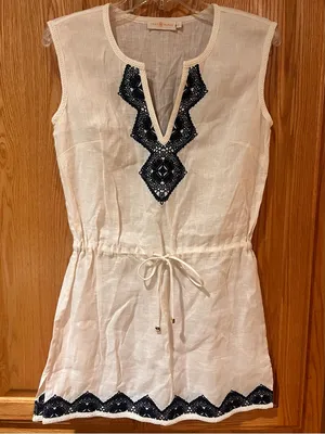 Tory Burch Margarita‎ Cream Linen Tunic Cover-Up Navy Blue Embroidery Size XS thumbnail 2
