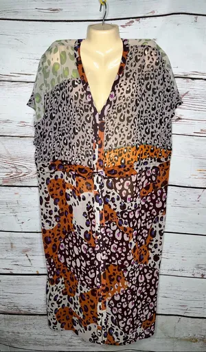 Cabi Size L Escape Animal Print V-Neck Tie Waist Sheer Midi Dress thumbnail 1