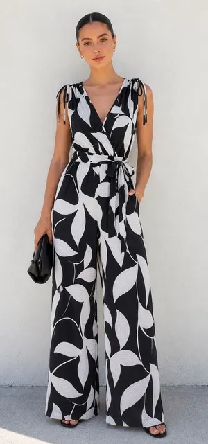 Lola + Kenni Black White Floral Wide Leg Wrap Jumpsuit Size L Belted Resort thumbnail 1
