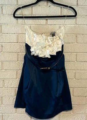 Y2K- Body Central Strapless Dress- Frilly White & Navy with Pockets- Size M- NWT thumbnail 1