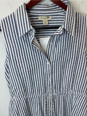 Appleseed's PS Blue and White Striped Sleeveless Midi Shirt Dress thumbnail 4
