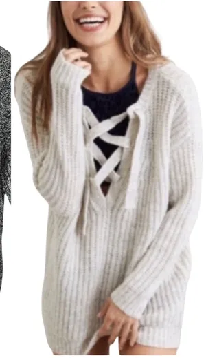 Aerie Chunky Lace Up Sweater XL Gray Confetti Knit Cozy Oversized Pullover thumbnail 1