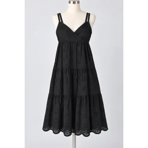 Zara Black Cotton Eyelet Embroidery Tiered Midi Dress Small Smocked Back Strappy thumbnail 2
