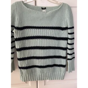 J.Crew Womens Mint Green Navy Blue Striped Cotton Chunky Knit Sweater Size Small thumbnail 2