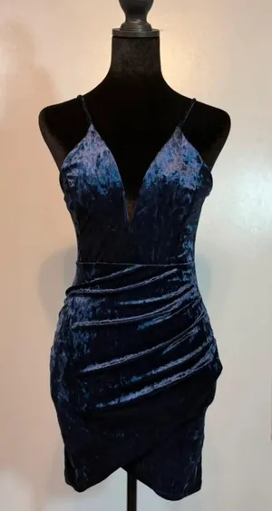 Windsor Navy Blue Velvet Bodycon Dress Ruched Wrap Mini Spaghetti Strap Deep V Cocktail thumbnail 1