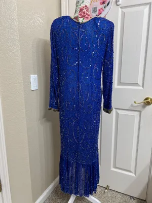 Vintage Tan-Chho Pure Silk Beaded Sequin Maxi Gown Dress Royal Blue Size XL 80’s thumbnail 4