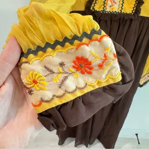 Vintage‎ Late 1960s Early 1970s Embroidered Bohemian Prairie Dress Brown Mustard thumbnail 4