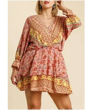 Umgee Floral Border Print Layered Mini Dress Boho Gypsy Rose Pink Plus Size 1X thumbnail 1