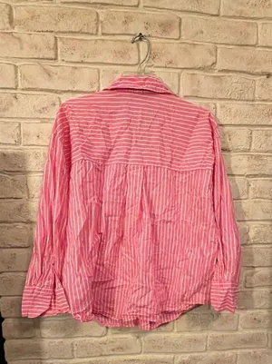 Zara Pink and White Striped Long Sleeve Button Down Shirt Size M thumbnail 5