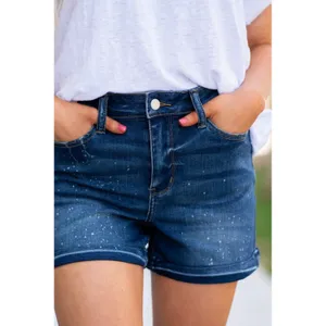 Judy Blue Ava Splattered Distressed Dark Wash High Rise 5 Pocket Denim Shorts S thumbnail 3
