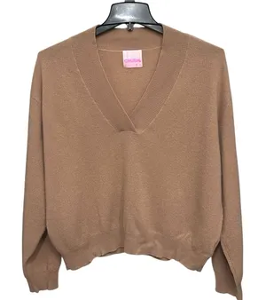 CRUSH‎ Luxe Plush Ultra Soft 100% Cashmere V Neck Cozy Sweater Sz 3 Large Tan thumbnail 1