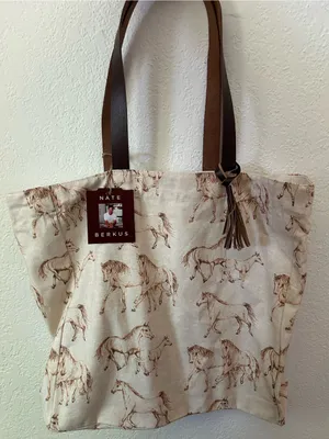 NEW Nate Berkus Wild Horse Print Cotton Canvas Tote Bag Genuine Leather Handles thumbnail 1