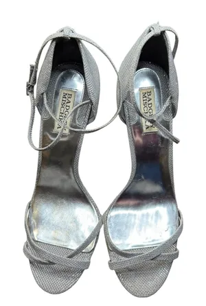 Badgley Mischka Shoes‎ Womens Size 9.5 Silver Strappy Ankle Strap Sandals Heels thumbnail 1