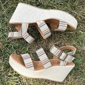 Y Not Bea Strappy Wedge Textured Sandals Womens 9 Natural Stripes Boho Platform thumbnail 4