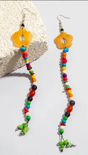 Boho-Chic Acrylic Resin Colorful Beaded Tassel Earrings with‎ Flower Charms thumbnail 1