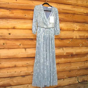 Mac Duggal Size 4 Blue Sequin Wrap Over 3/4 Sleeve Maxi Dress Gown thumbnail 5