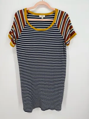 Umgee Striped T-Shirt Dress M Navy Blue White Yellow Mixed Stripe Raglan Mini thumbnail 1