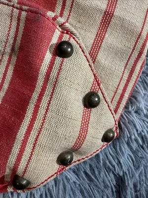 Striped Red and Cream Canvas Tote with Brown Handles thumbnail 4