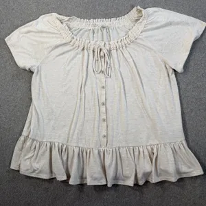 Cato Women's Large Beige Short Sleeve Peasant Blouse Ruffled Hem Button Front thumbnail 1
