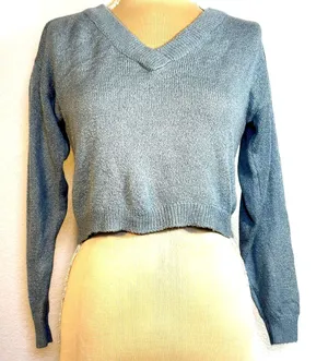 Garage Women’s XS Blue Gray Cropped V-Neck Knit Sweater Y2K 2000s Minimalist thumbnail 1