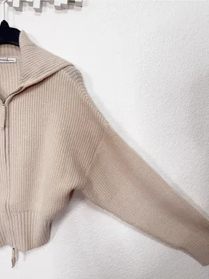 Zenana Beige Ribbed Knit Two Way Zip Up Sweater Jacket Oversized Collar Cardigan thumbnail 8