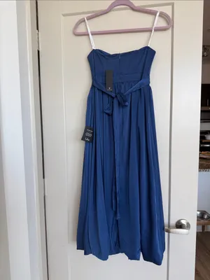 Lulus Lavish Elegance Navy Blue Satin Strapless Bubble-Hem Midi Dress, Size XS thumbnail 7