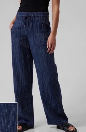 Athleta Cabo Linen‎ Textured Wide Leg Pant Blue Chambray Size 4 thumbnail 1