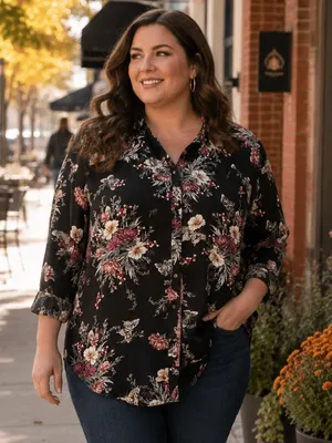 Torrid Black Floral Butterfly Long Sleeve Button Up Shirt Blouse Womens 1X 14 16 thumbnail 1