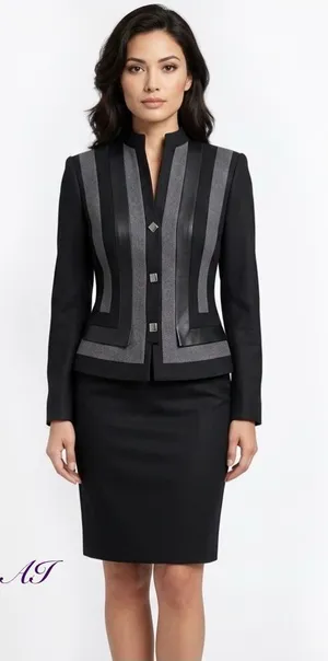 ALBERTO MAKALI Skirt Suit Worsted Wool Leather Trim Size 6 Made In USA VINTAGE thumbnail 1