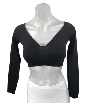 Zara Women's Black Long Sleeve V Neck Padded Stretch T Shirt Tee Crop Top Size M thumbnail 1