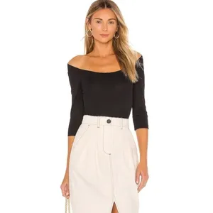 L’Academie Courtlyn Off Shoulder Bodysuit Rbbed Knit Black NWT Small thumbnail 3