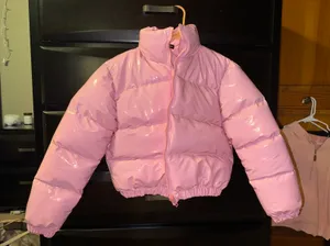 Pink Shiny Cropped Puffer Jacket thumbnail 2