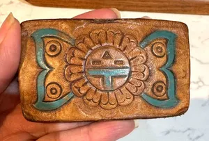 vintage Zuni-style, hand-tooled leather belt buckle Southwestern Sun Face design thumbnail 1
