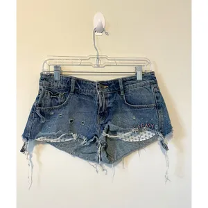 Zara Art is Easy Cut Off Distressed Denim Shorts Blue Pink Size 4 thumbnail 2