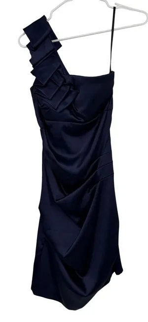 B. Smart Cocktail Dress‎ Women 7/8 Navy Blue Excellent One Shoulder Ruched Satin thumbnail 1