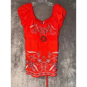 Vintage Y2K Orange Embroidered Belted Waist Short Sleeve Top Large #757 thumbnail 2