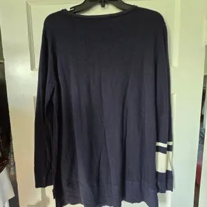 FIGS Navy Crewneck Sweater with Cream Sleeve Stripes thumbnail 4