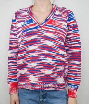 Vintage Handmade Red, White & Blue Knit V Neck Sweater thumbnail 1