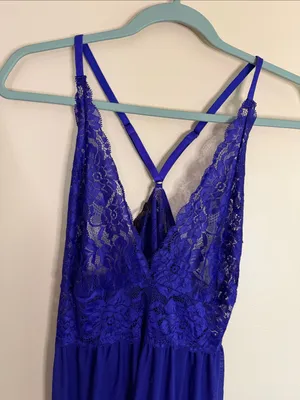 Lace V-Neck Chemise in Cobalt Blue thumbnail 3