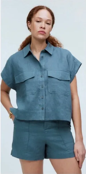 Madewell Womens Flap-Pocket Button Up Linen Shirt S Distant Mineral Quiet Luxury thumbnail 1