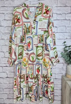 Maison d’Amelie Paris Stamp Postcard Midi Maxi Dress XS Novelty Travel European thumbnail 1