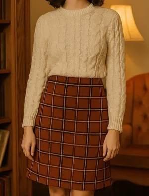 LOFT Outlet Orange & Brown Windowpane Plaid Aline Skirt Size Large Academia thumbnail 1