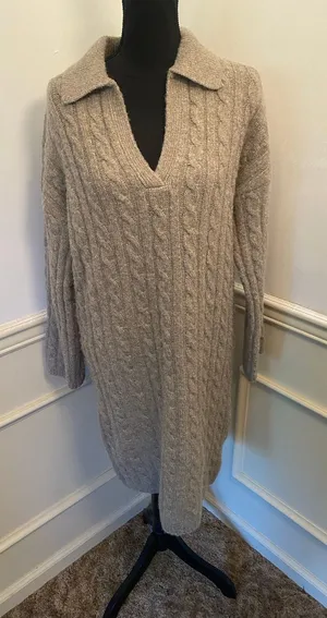 Magaschoni Cable Knit Polo Fold Over Collar Sweater Dress V Neck Quiet Luxury thumbnail 1