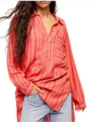 We The Free Coral Stripe Button-Front Tunic thumbnail 1
