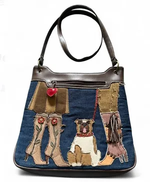 Brown leather jeans base shoulder bag Applique Embroidered Dog Purse Hand Bag. thumbnail 1